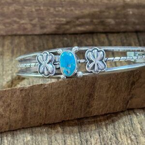 Navajo Sterling Cuff & Kingman Turquoise‎ Floral Cuff Bracelet, Gift Box